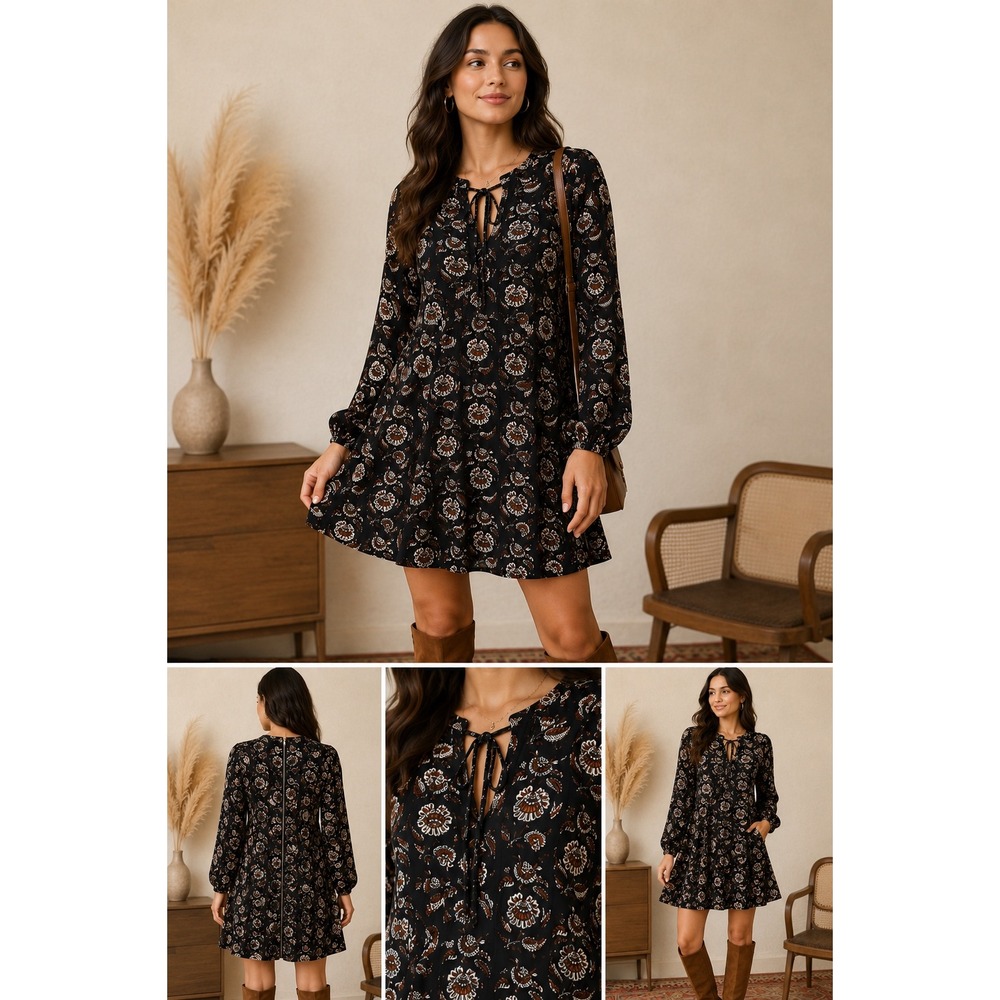 Way-In Clothing Co Black Floral Boho Mini Dress Long Sleeve Sz S Cottage Prairie